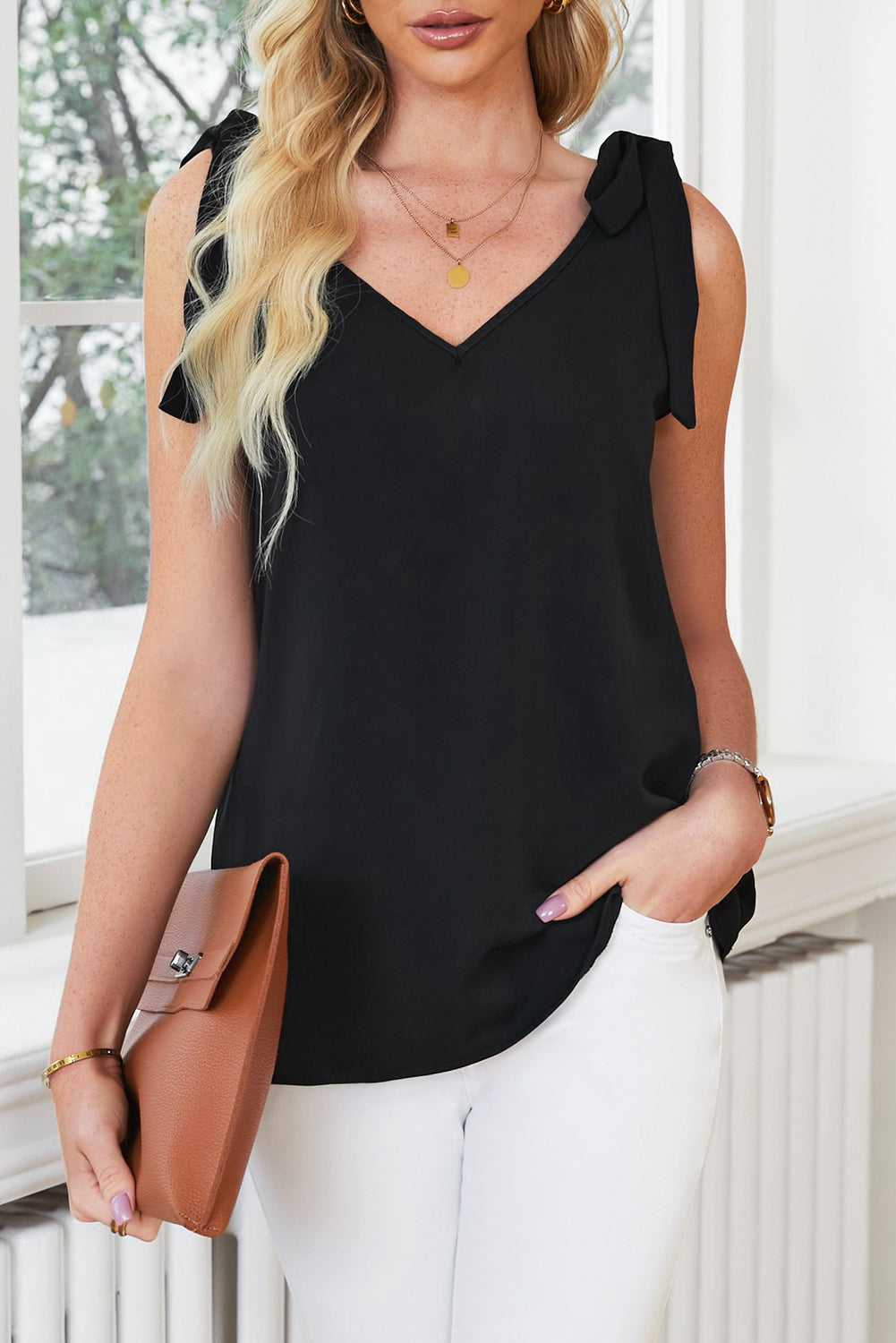 Tie On Shoulder V Neck Tank Top