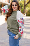 Vineyard Green Plus Size Textured Floral Patchwork Raglan Sleeve Blouse