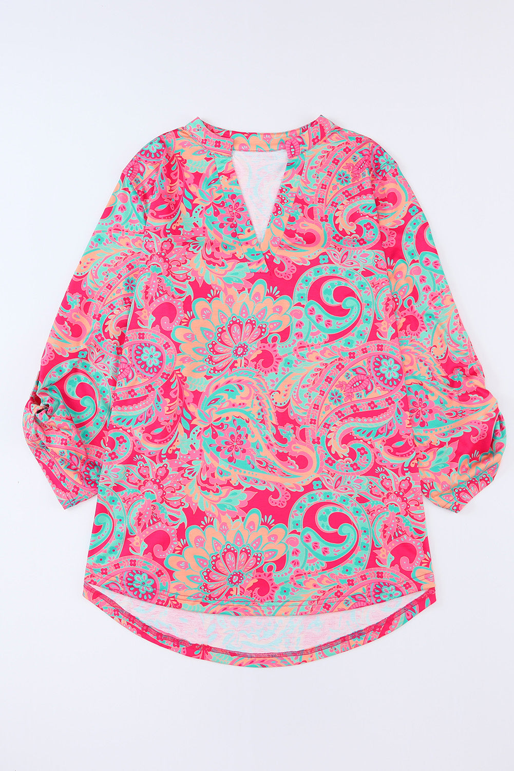 Rose - Blouse à Imprimé Paisley et Col en V à Manches Roulées de Grande Taille