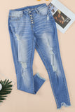 High Rise Button Front Frayed Ankle Skinny Jeans