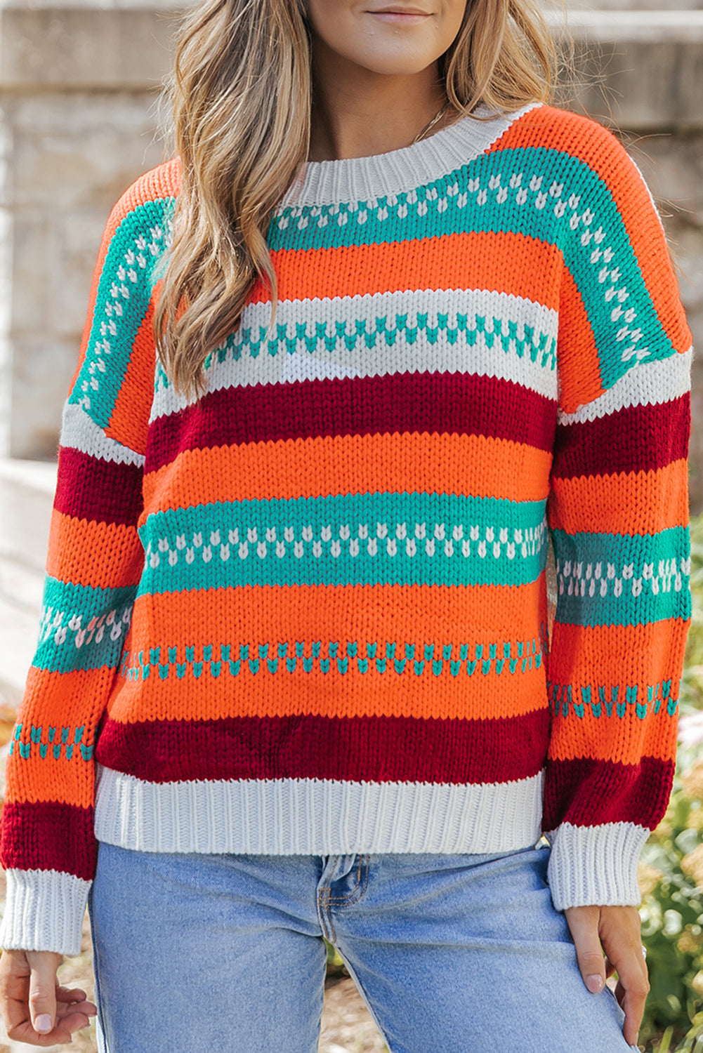 Color Block Striped Loose Sleeve Sweater