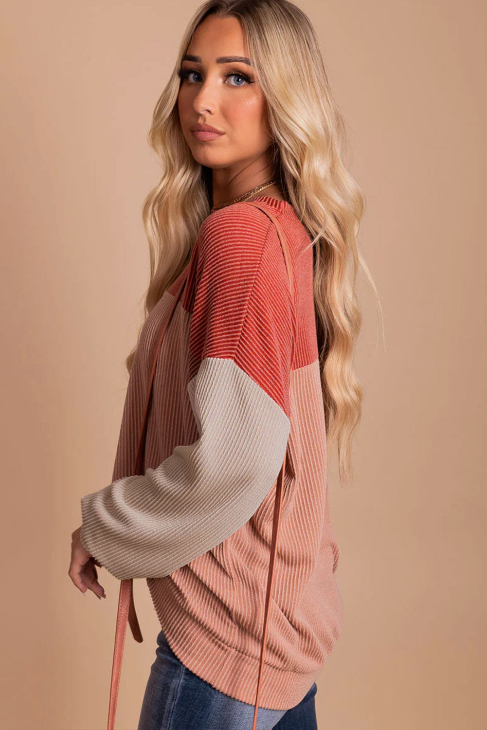 Fiery Red Color Block Long Sleeve Ribbed Loose Top