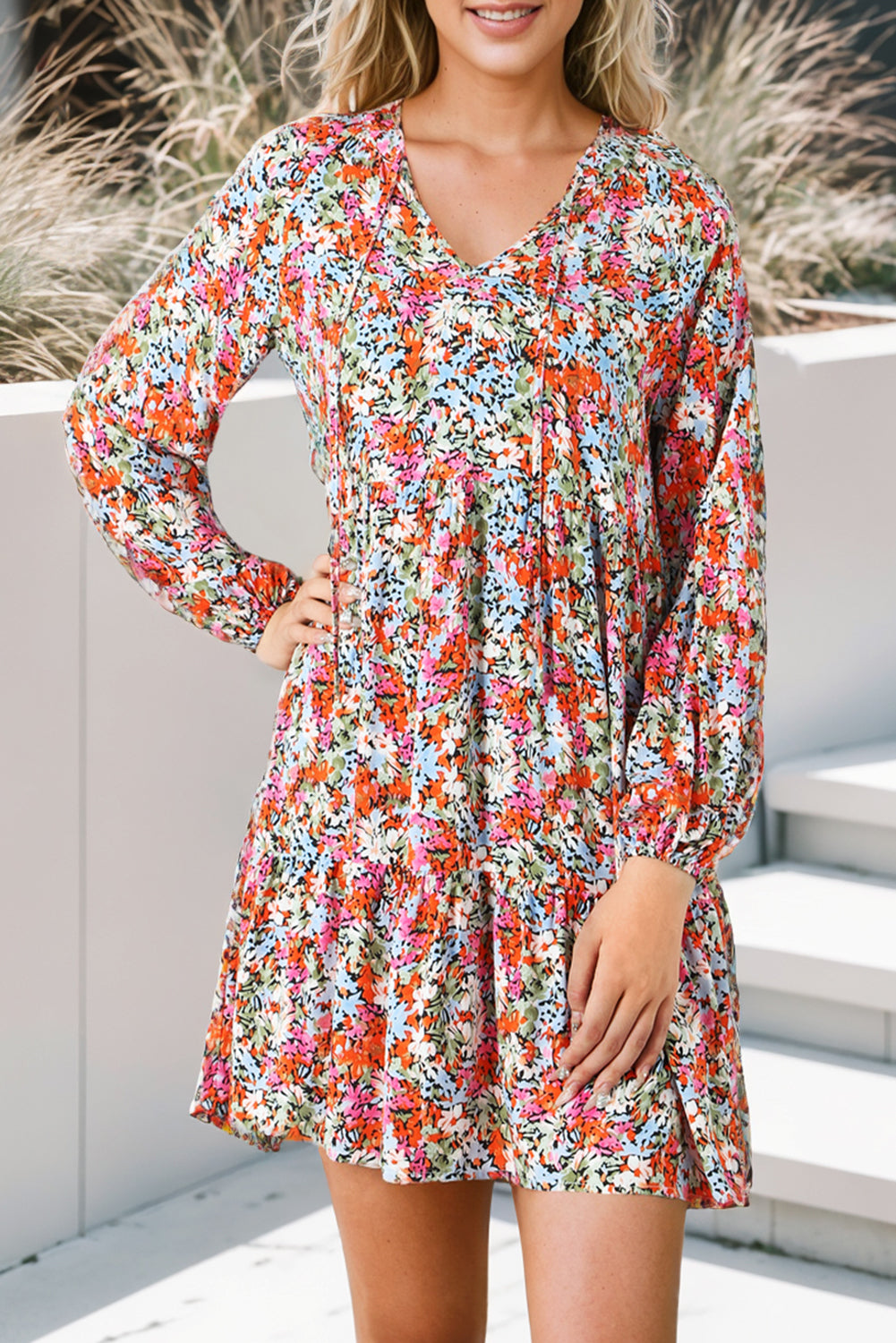 Floral Neck Tie Long Sleeve Flared Dress