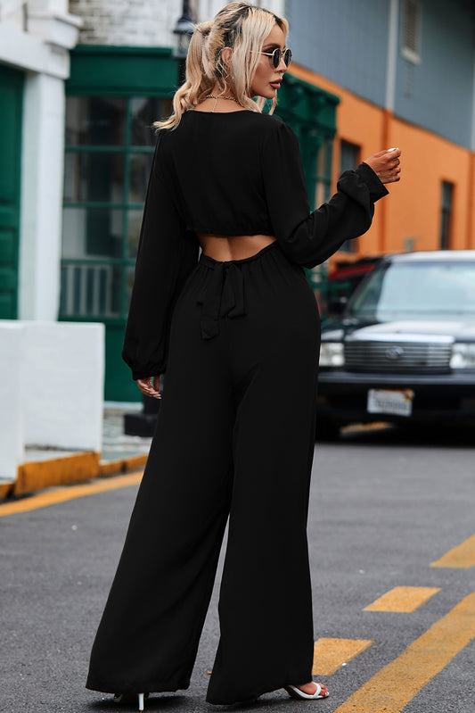 Cutout Back Belted V Neck Wide Leg Jumpsuit