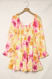 Square Neck Puffy Sleeve Tiered Floral Dress