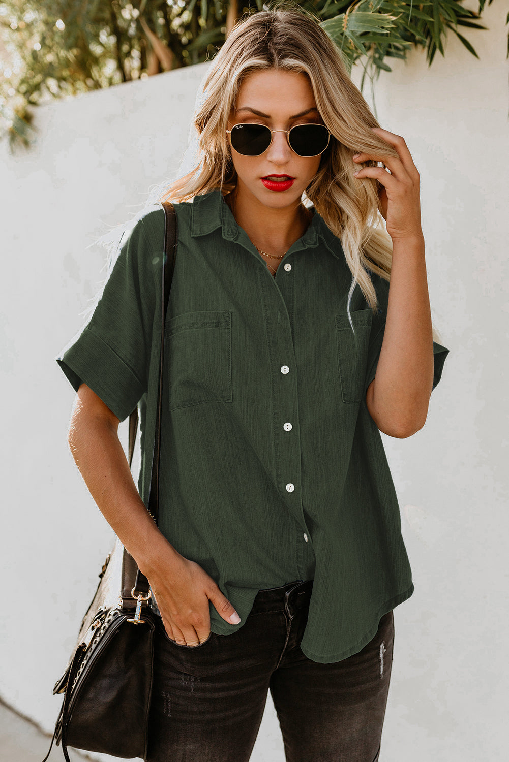 Green Turn-down Collar Short Sleeve Denim Shirt