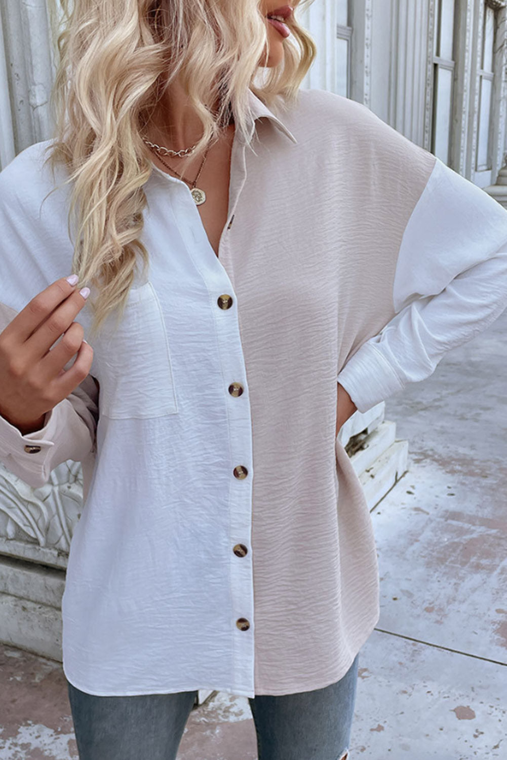 Color Block Long Sleeve Crinkle Shirt