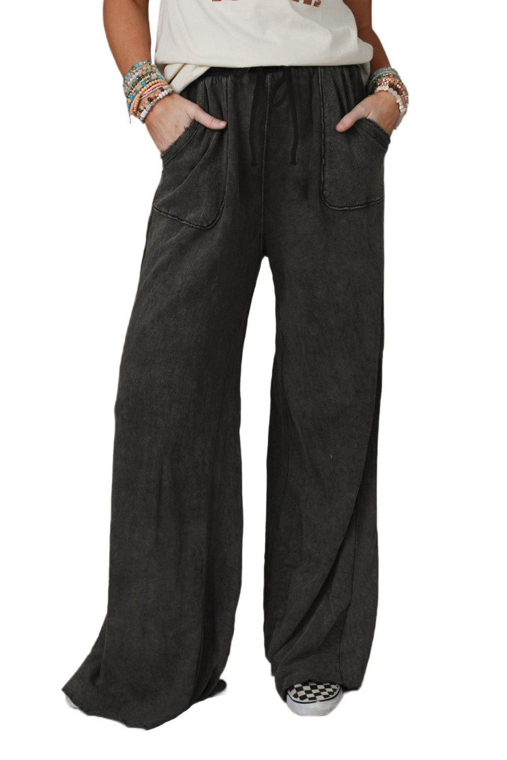 Pantalon large rétro gris délavé à cordon de serrage