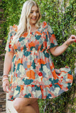 Plus Size Shirred Mixed Print Ruffle Dress