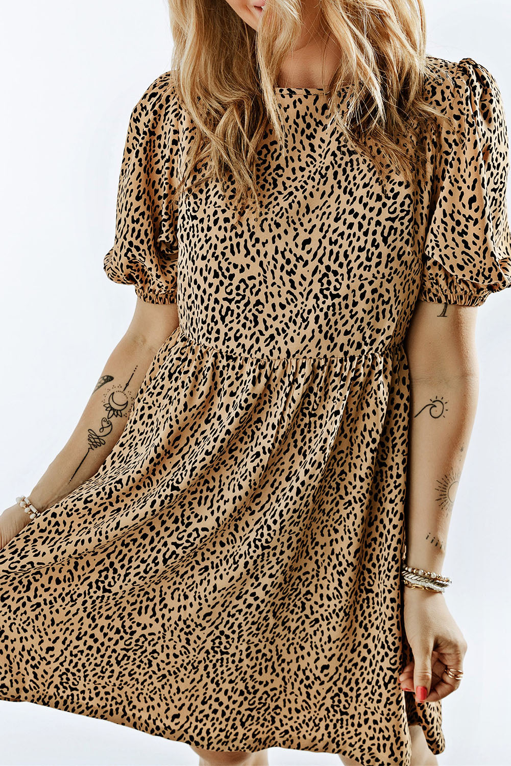 Animal Print Bubble Sleeve Babydoll Dress