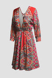 Multicolour V Neck 3/4 Sleeve Bohemian Vintage Print Mini Dress