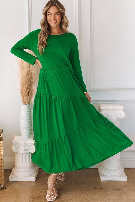 Robe longue asymétrique à manches longues et à volants verte