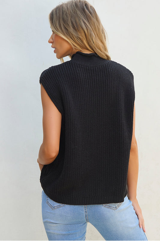 Black Solid Color Cable Knit High Neck Sweater Vest