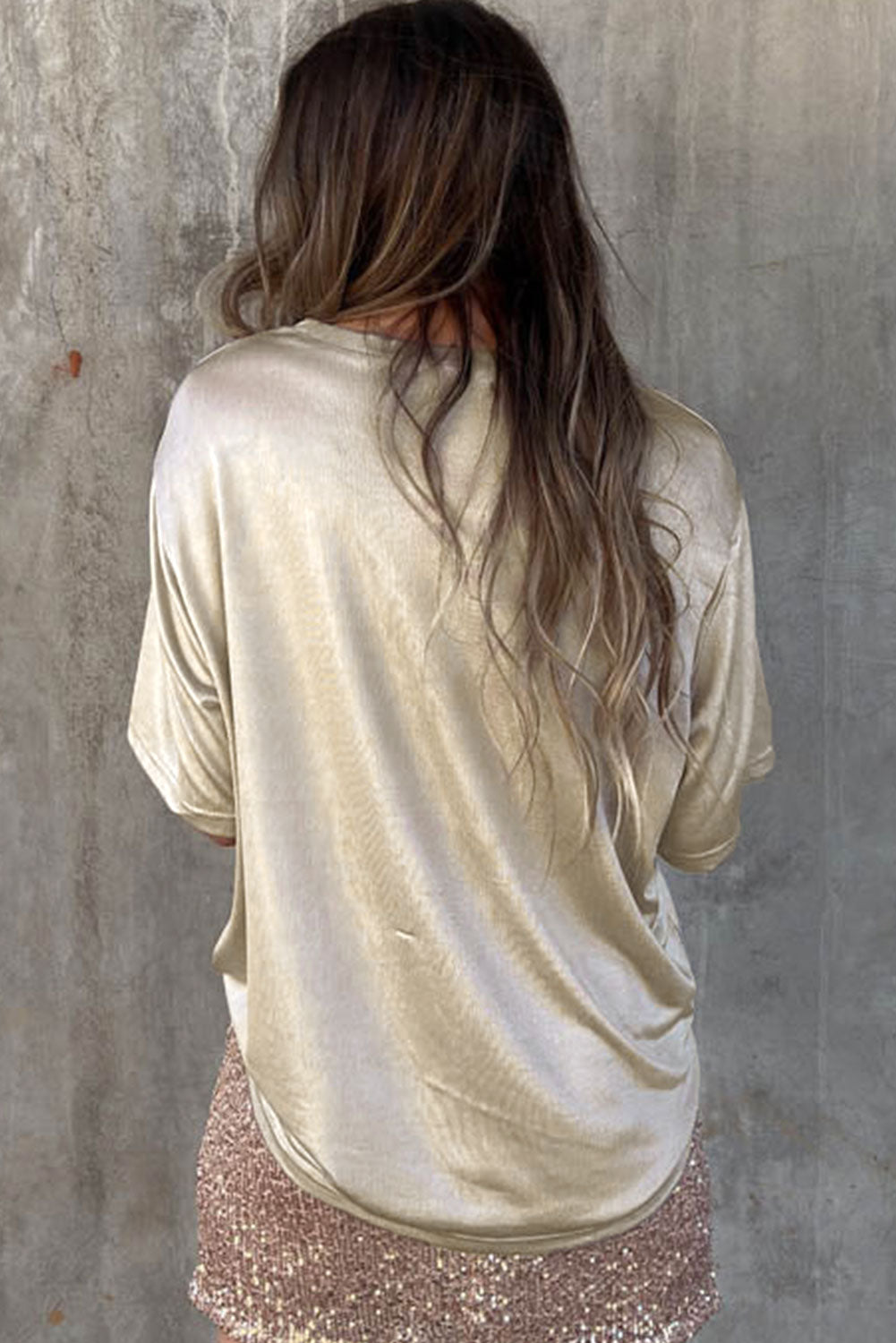 Glitter Chest Pocket Round Neck Long Sleeve Top