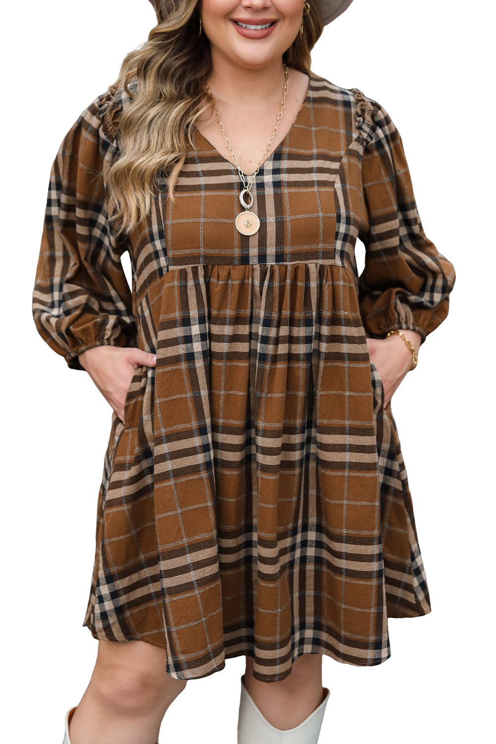 Brown Plaid Pattern Empire Waist Babydoll Dress