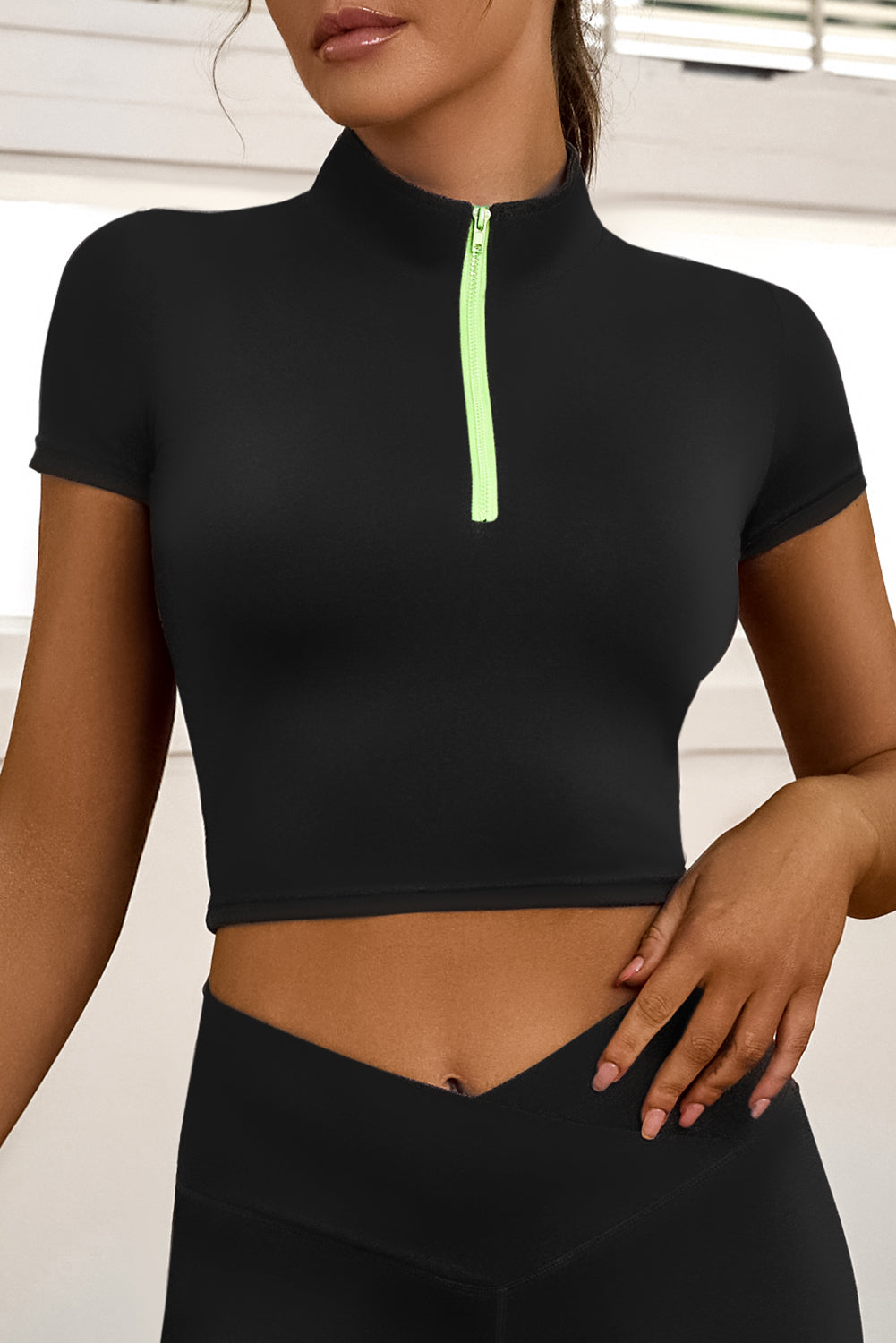 Half Zipper Short Sleeve Active Crop Top