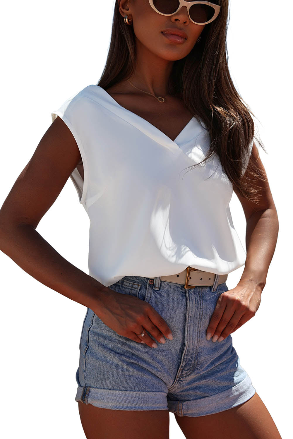 V Neck Pleated Backless Cap Sleeve Top