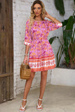 3/4 Sleeve Boho Floral Belted Mini Dress