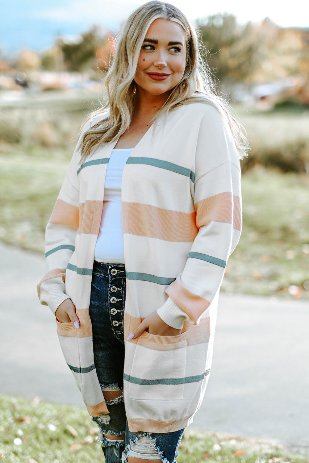 Striped Knit Side Pockets Plus Size Cardigan