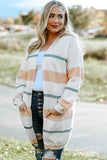 Striped Knit Side Pockets Plus Size Cardigan