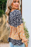 Blue Floral Color Block Patchwork Ruffled Hem Round Neck Blouse