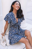 Floral Print Tie Knot Ruffled Short Sleeve Mini Dress