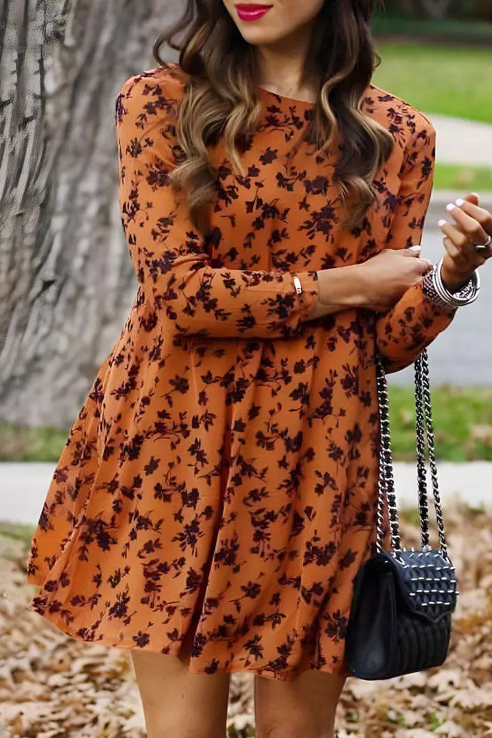 Floral Print O-neck Long Sleeve Mini Dress