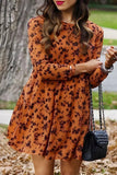 Floral Print O-neck Long Sleeve Mini Dress