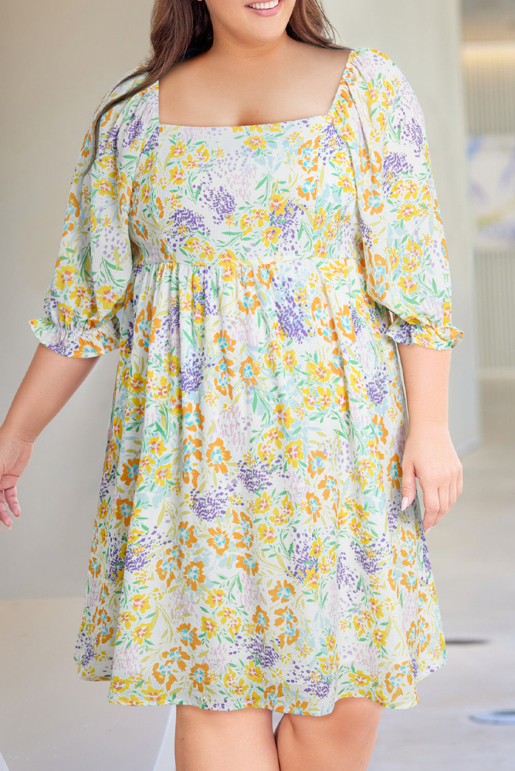 Plus Size Floral Print Ruffle Bubble Sleeve Babydoll Dress