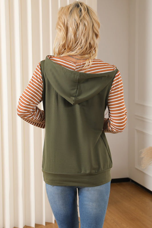 Striped Color Block Patchwork Thumbhole Sleeve Hoodie