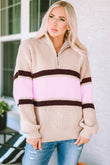 Striped Color Block Knit Zip Collared Sweater