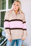 Striped Color Block Knit Zip Collared Sweater