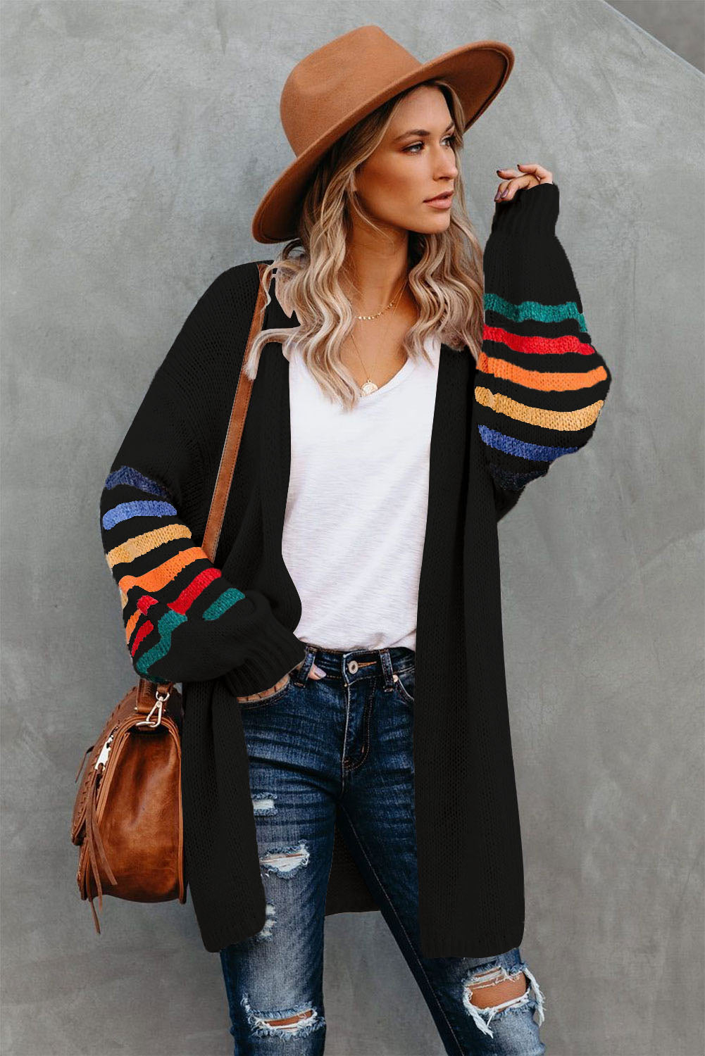 Striped Balloon Sleeve Cardigan