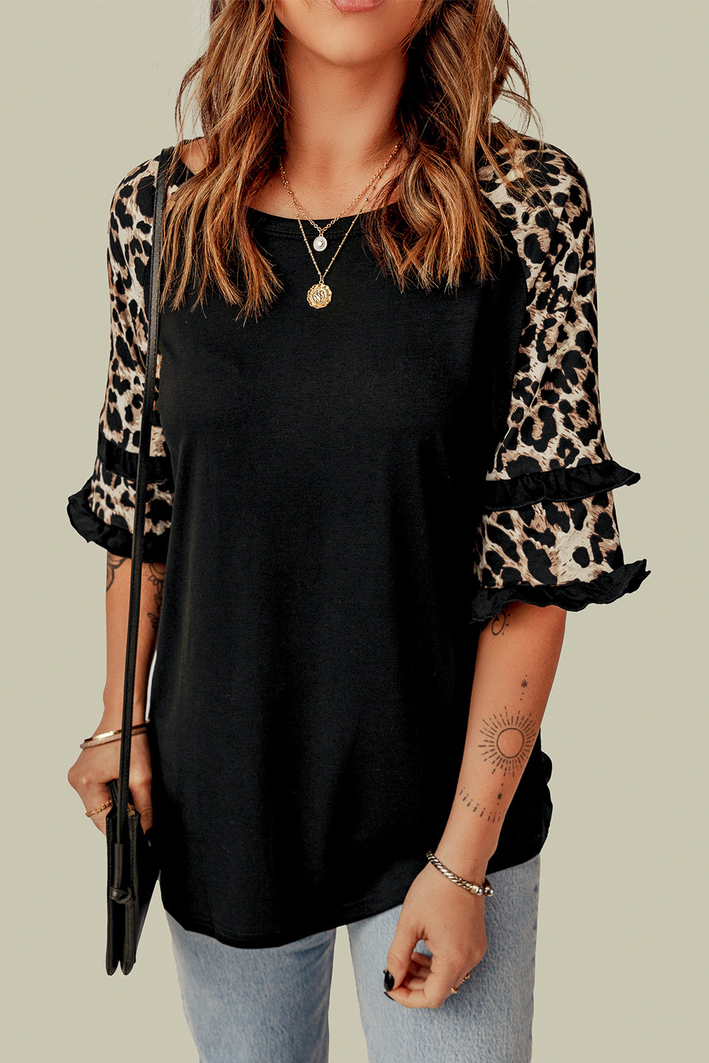 Ruffled Leopard Sleeve Patchwork Top