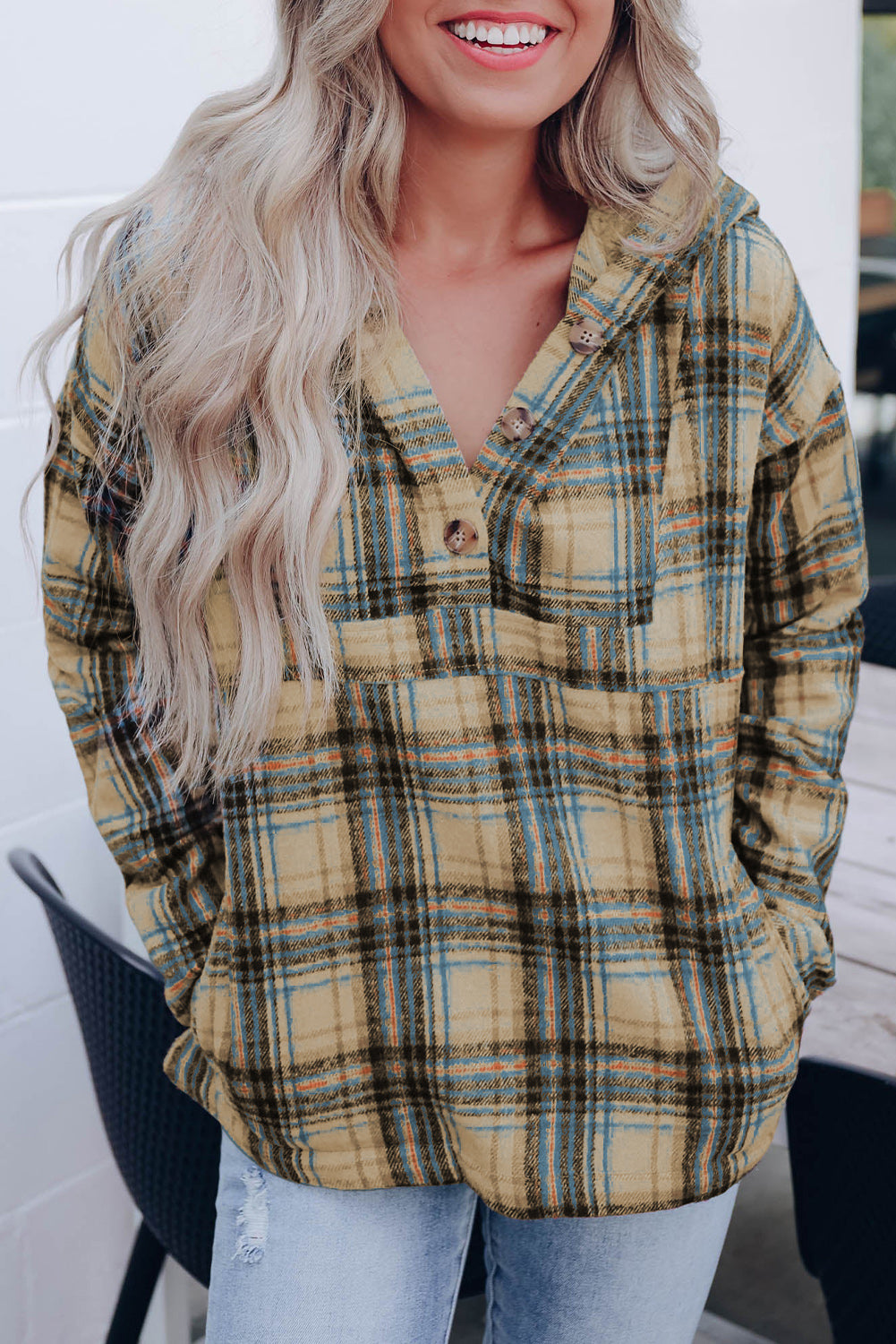 Plaid Button Neck Pocketed Pullover Hoodie