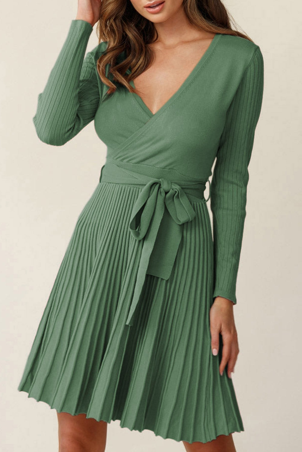 Belted V Neck Ribbed Pleated Sweater Dress