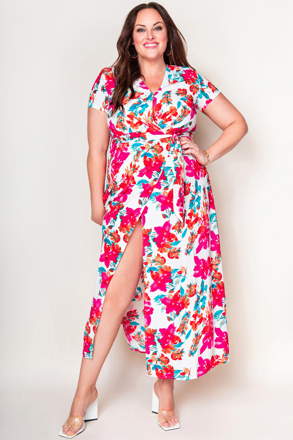 Plus Size Floral Print Wrap Slit Dress