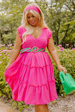 Plus Size Solid Frill Tiered V Neck Smocked Dress