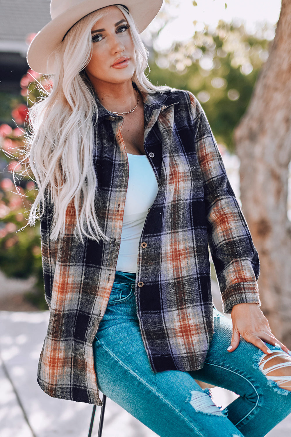 Oversize Rounded Hem Plaid Shacket with Slits