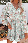 Multicolor V Neck Puff Sleeves Floral Tunic Dress