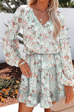 Multicolor V Neck Puff Sleeves Floral Tunic Dress