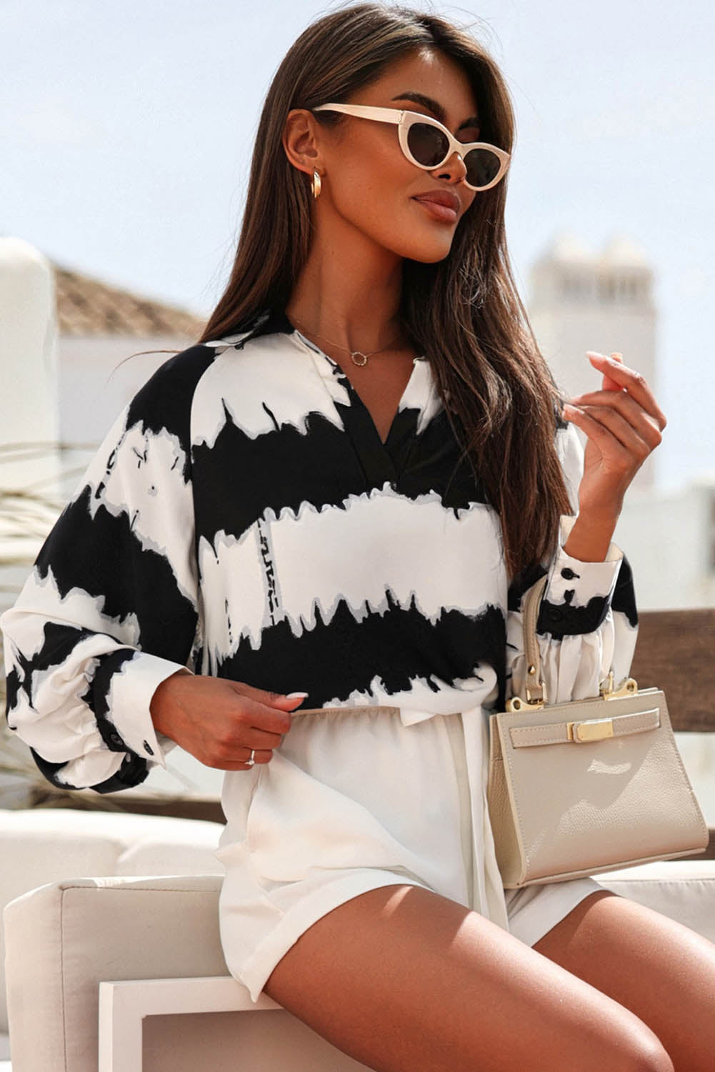 Striped Turn Down Collar Balloon Sleeve Blouse