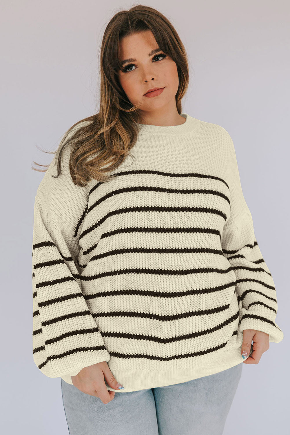 Plus Size Striped Drop Shoulder Puff Sleeve Sweater