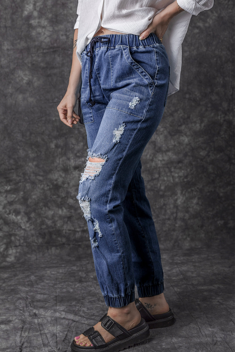 Blue Pocketed Distressed Denim Joggers