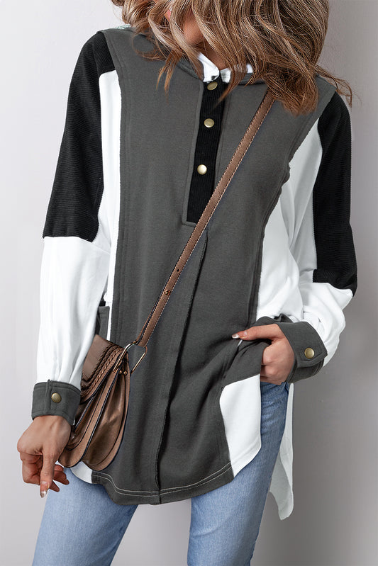 Black Color Block Exposed Seam Buttoned Neckline Hoodie