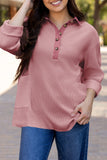 Smoke Green Waffle Long Sleeve Collar Half Button Loose Top