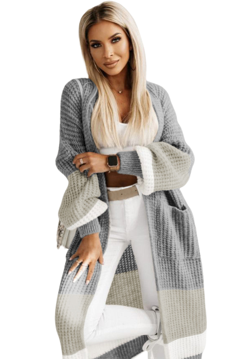 Colorblock Cable Knit Side Pockets Duster Cardigan