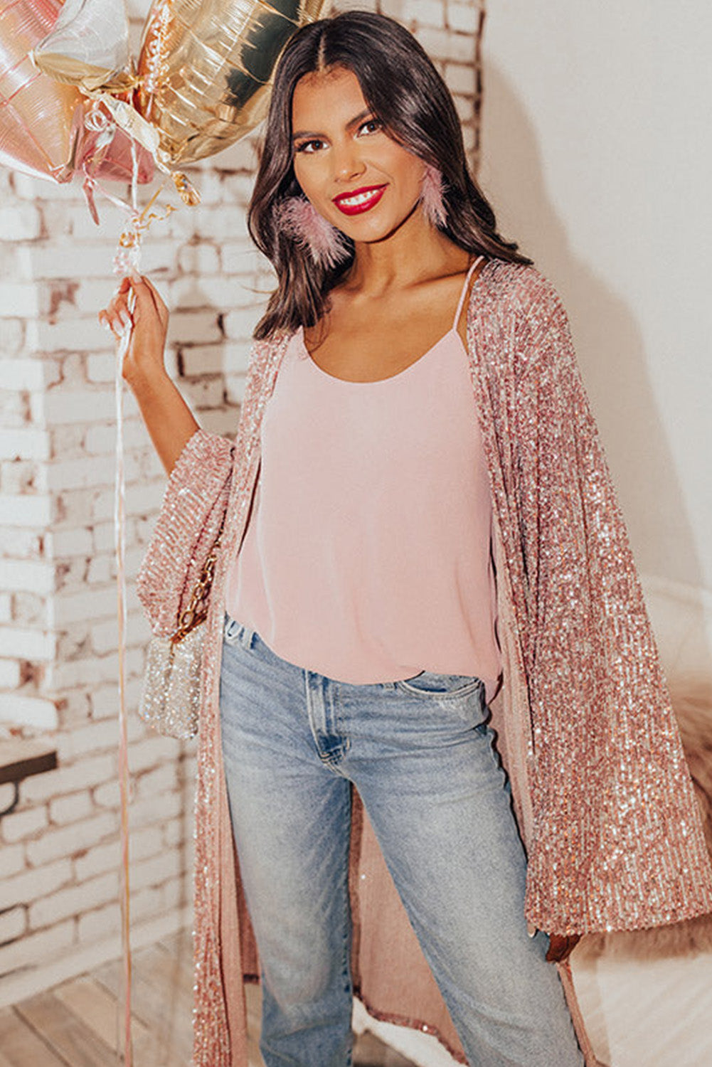 Flare Sleeve Open Front Sequin Kimono