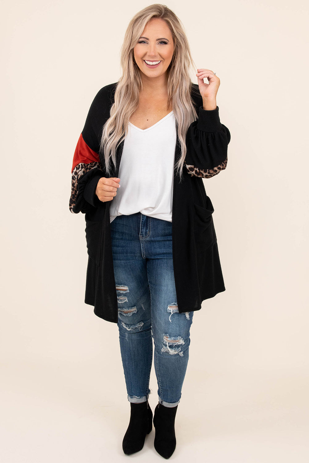 Leopard Color Block Sleeve Plus Size Cardigan