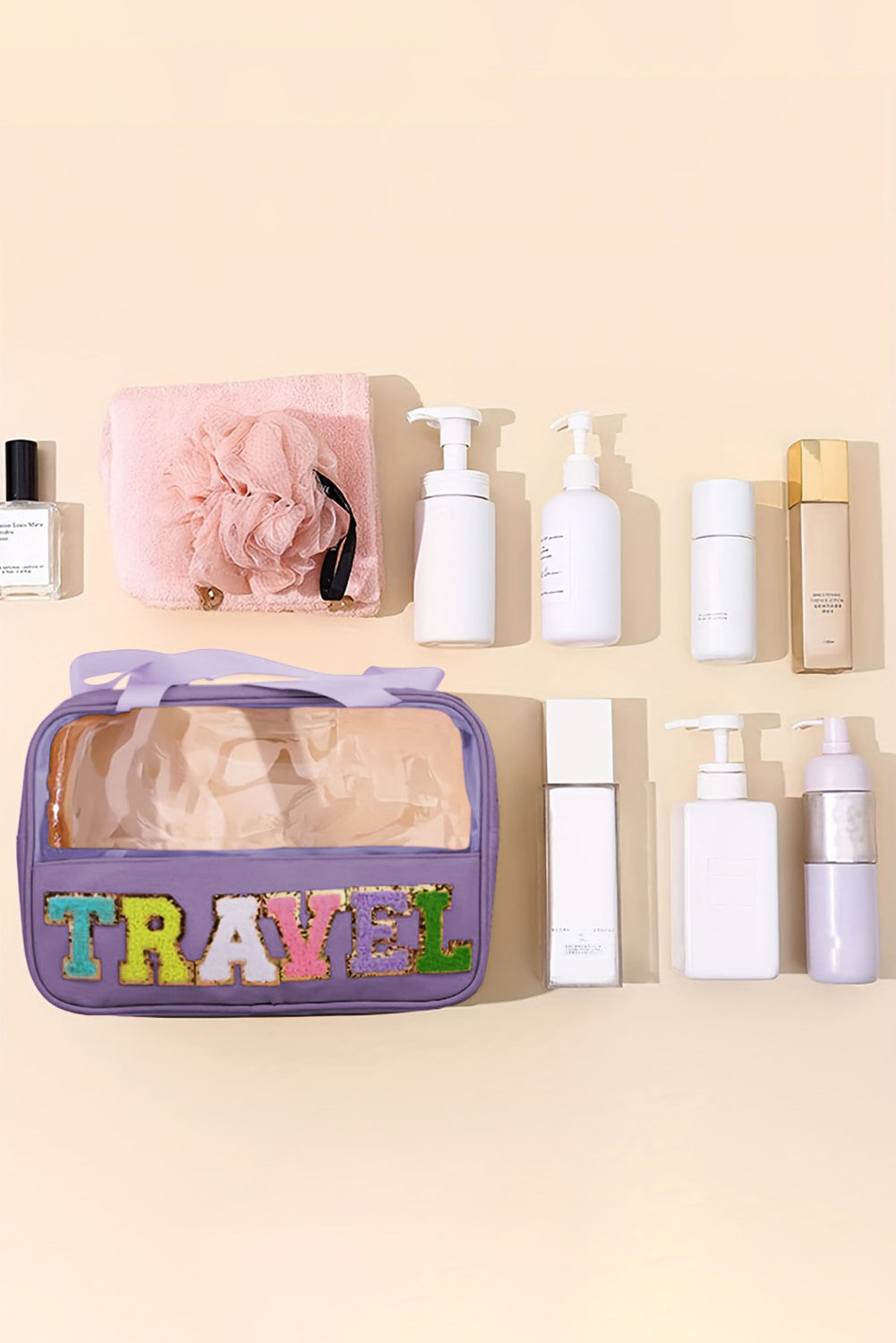 Trousse de maquillage en PVC transparent avec lettre chenille TRAVEL rose clair